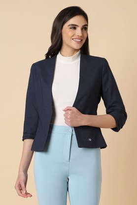 textured collared blended fabric women's formal wear blazer - mid blue