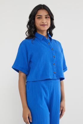 textured collared cotton women's casual wear shirt - blue