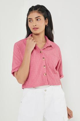 textured collared polyester women's casual wear shirt - dusty pink