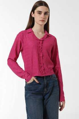 textured collared polyester women's casual wear shirt - pink