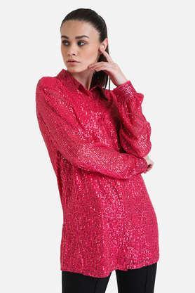 textured collared polyester women's party wear shirt - pink