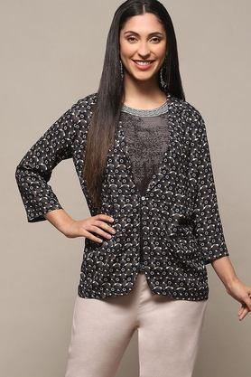 textured collared rayon women's party wear jacket - charcoal