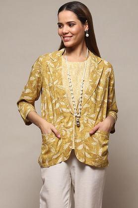 textured collared rayon women's party wear jacket - ochre