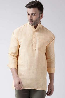 textured cotton blend full sleeves men's short kurta - natural