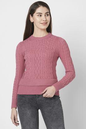 textured cotton blend round neck women's pullover - baby pink
