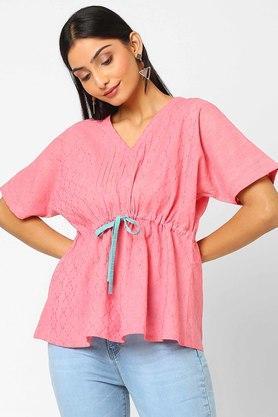 textured cotton blend v neck womens regular top - pink