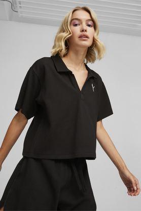 textured cotton collared women's oversized t-shirt - black