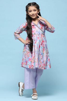 textured cotton girls kurta set - lavender