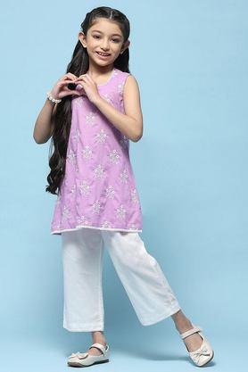 textured cotton girls kurta set - purple
