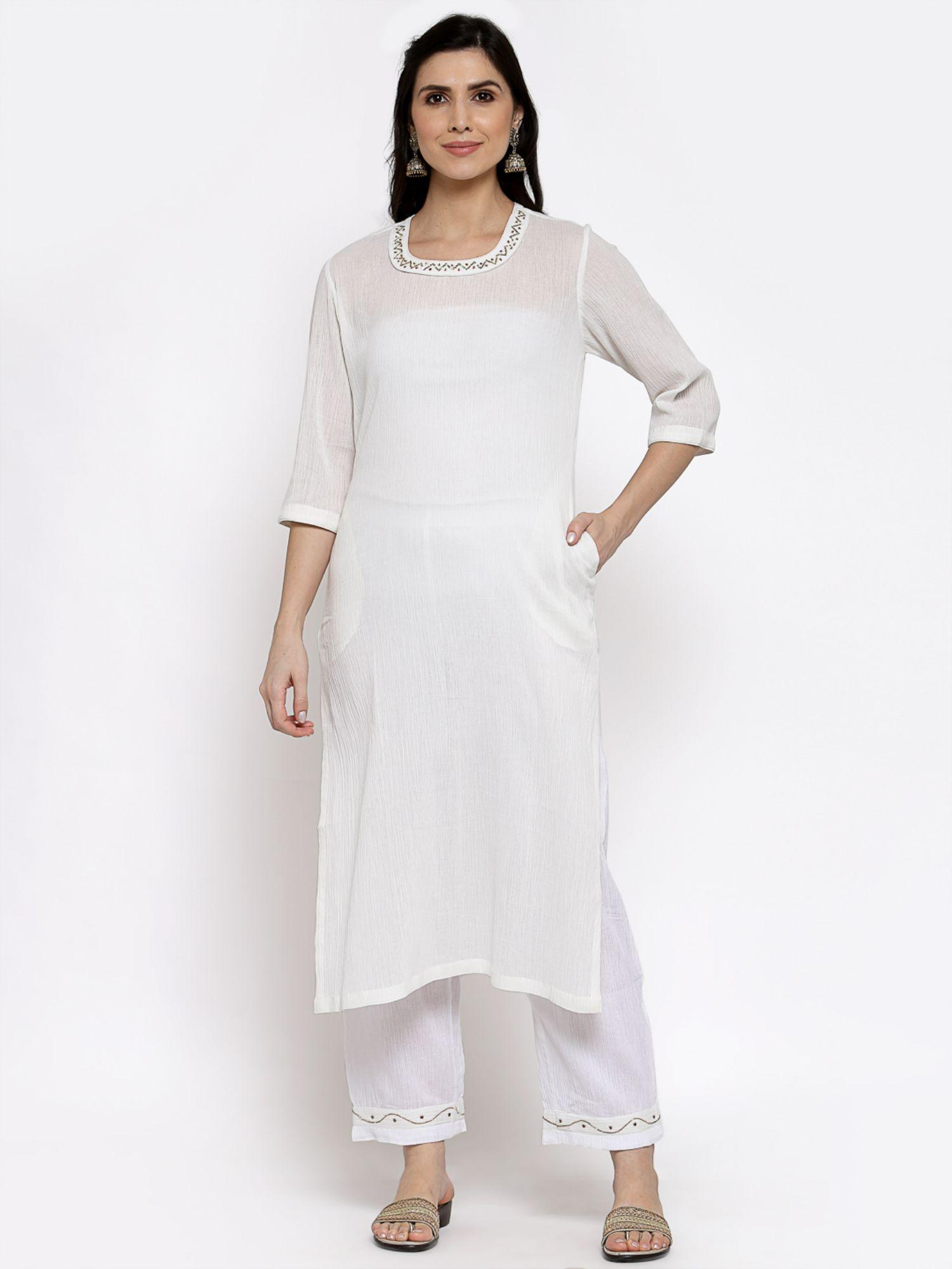 textured cotton kurta and palazzo with slip white (set of 3)