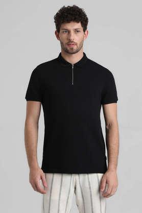 textured cotton polo men's t-shirt - black
