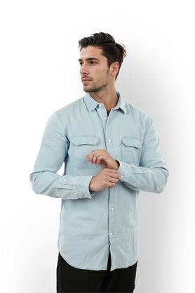 textured cotton regular fit men's casual shirt - light blue