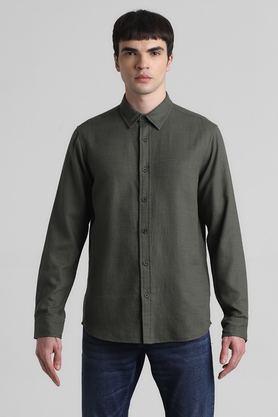 textured cotton regular fit men's casual wear shirt - green