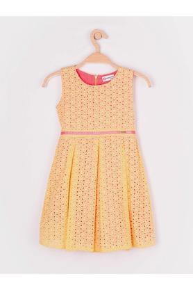 textured cotton round neck girls party dress - yellow