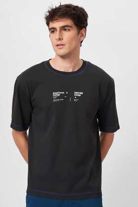 textured cotton round neck men's t-shirt - black