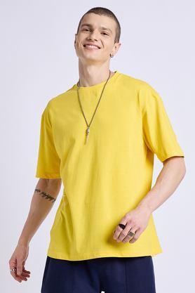 textured cotton round neck men's t-shirt - yellow