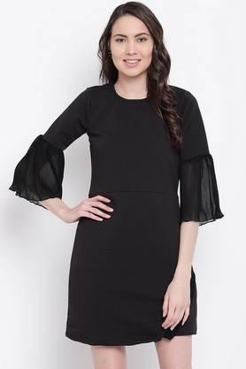 textured cotton round neck women's knee length dress - black