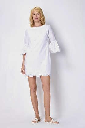 textured cotton round neck women's knee length dress - white