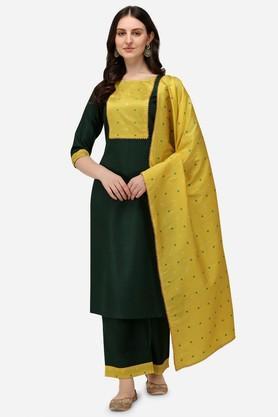 textured cotton round neck women's kurta set - green
