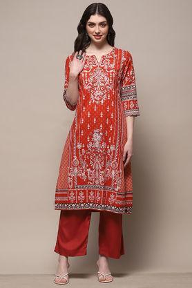 textured cotton round neck women's party wear kurta - pink