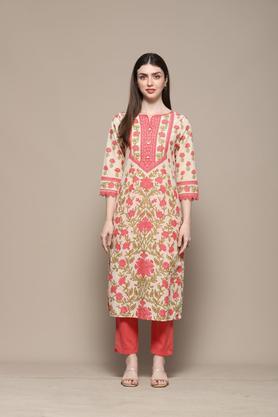 textured cotton round neck women's party wear kurta - pink