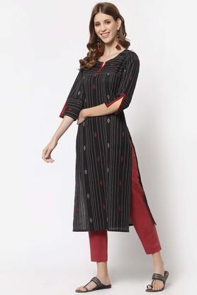 textured cotton round neck women's straight kurta - black