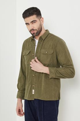 textured cotton slim fit men's casual over shirt - green