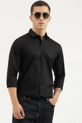 textured cotton slim fit men's casual shirt - black