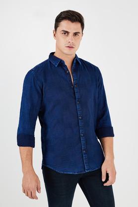 textured cotton slim fit men's casual shirt - indigo