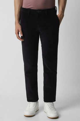 textured cotton slim fit men's casual trousers - black