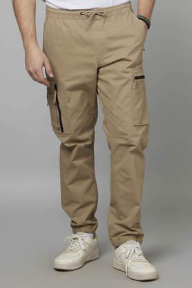textured cotton slim fit men's casual trousers - natural
