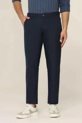 textured cotton slim fit men's trousers - navy