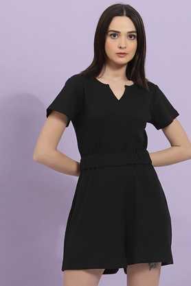 textured cotton slim fit women's jumpsuit - black