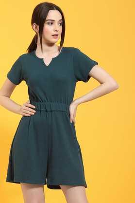 textured cotton slim fit women's jumpsuit - green