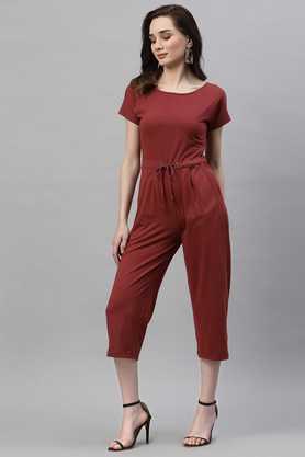 textured cotton slim fit women's jumpsuit - maroon