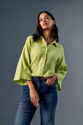 textured cotton spread collar women's casual wear shirt - lime green