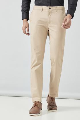 textured cotton stretch slim fit men's trousers - khaki