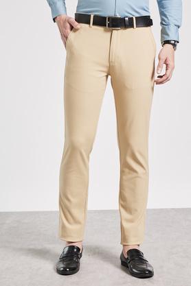 textured cotton stretch slim fit men's trousers - natural