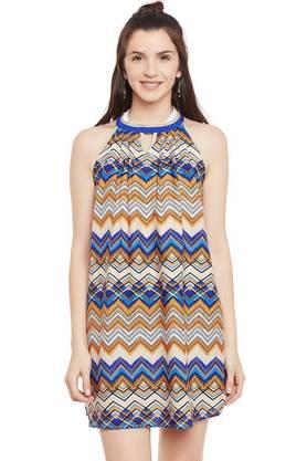 textured crepe halter neck women's mini dress - multi