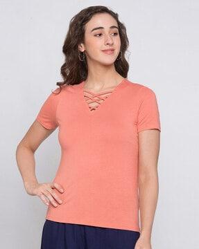 textured criss-cross v-neck top