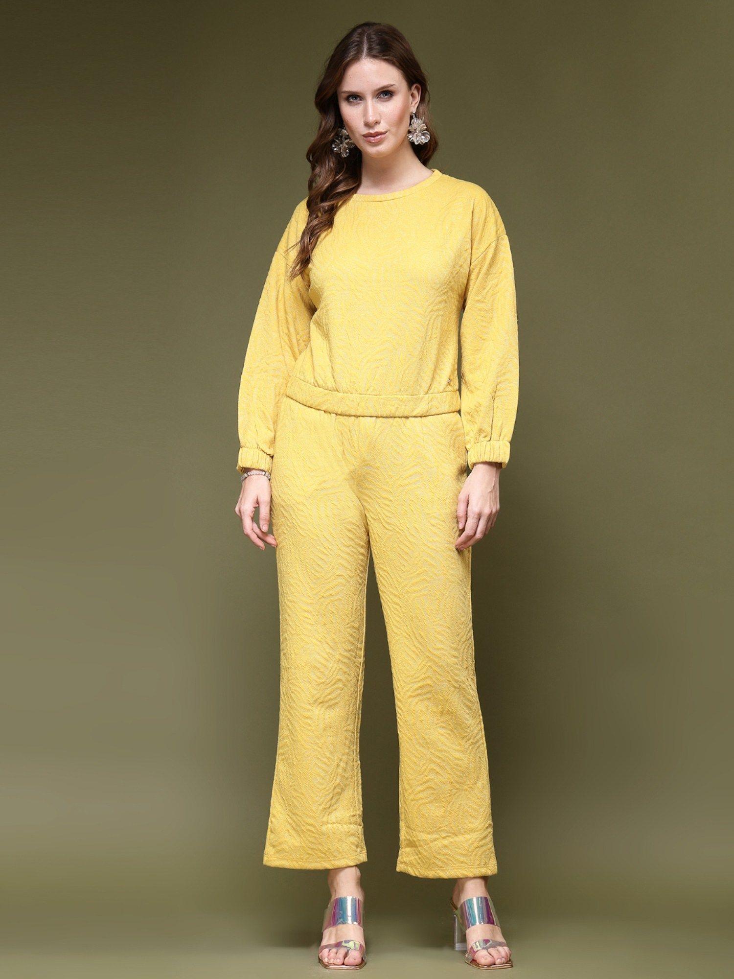 textured drop-shoulder sleeves woolen yellow co-ord (set of 2)