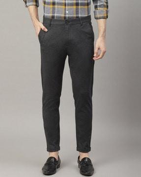 textured flat-front slim fit trousers