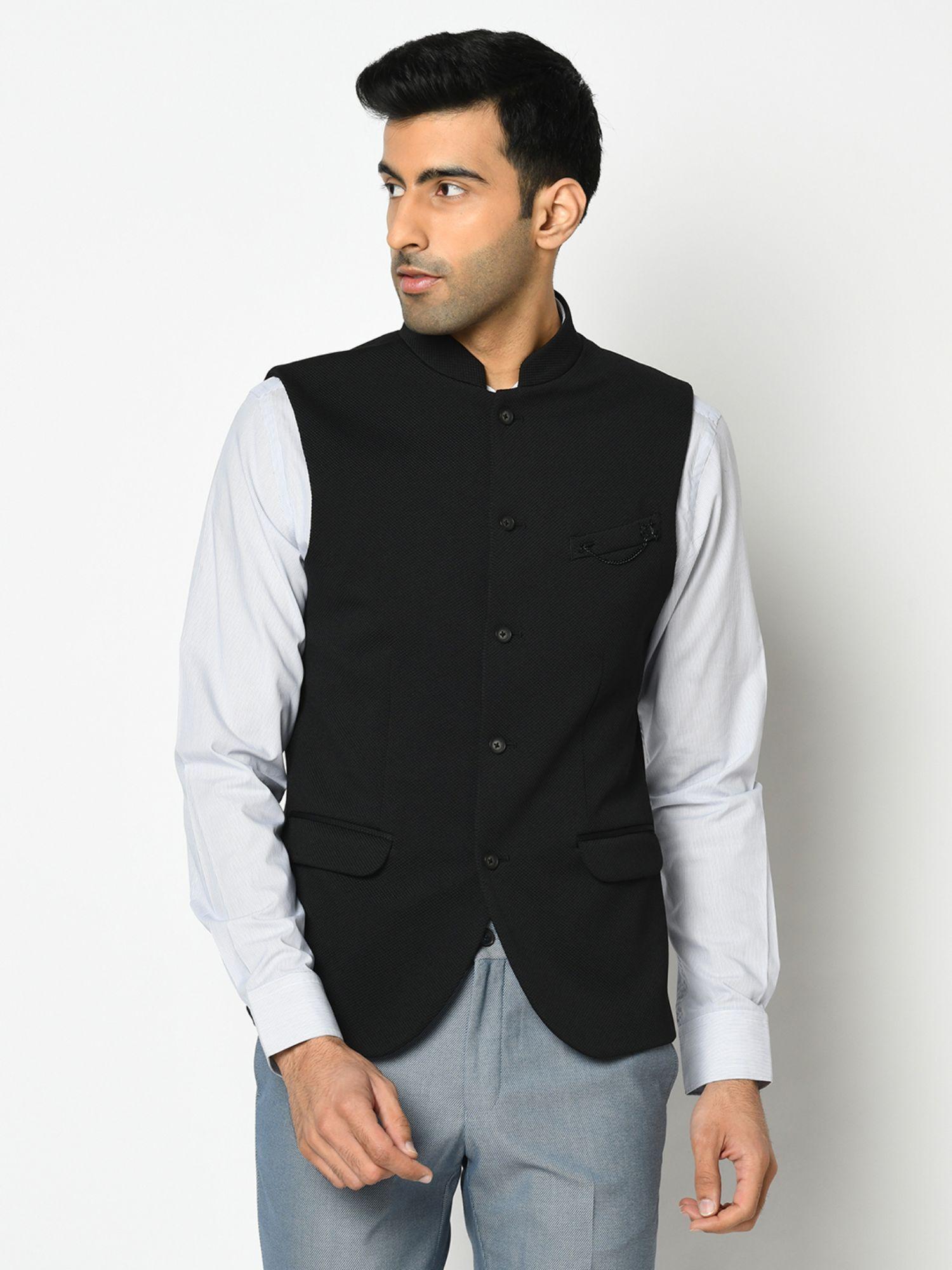 textured formal bandhgala waistcoat in black (vann)