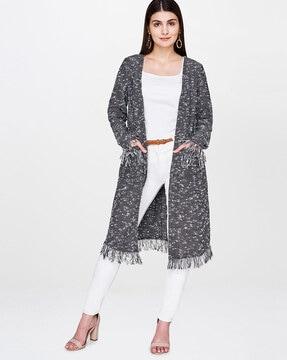 textured front-open jacket with frayed hems