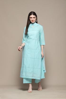 textured full length cotton woven women's kurta set - aqua