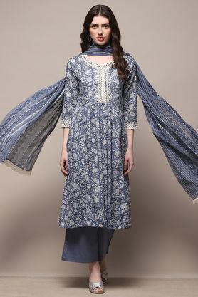 textured full length cotton woven women's kurta set - blue