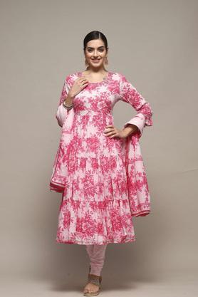 textured full length cotton woven women's kurta set - pink