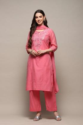 textured full length polyester woven women's kurta set - baby pink