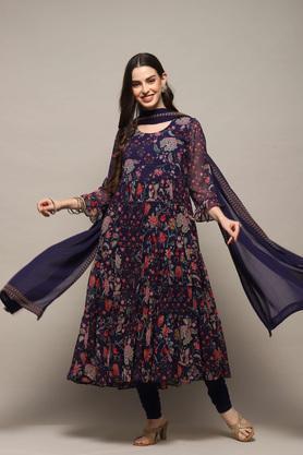 textured full length polyester woven women's kurta set - indigo