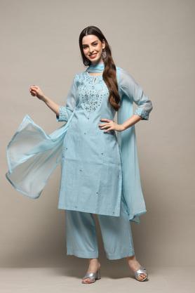 textured full length polyester woven women's kurta set - sky blue